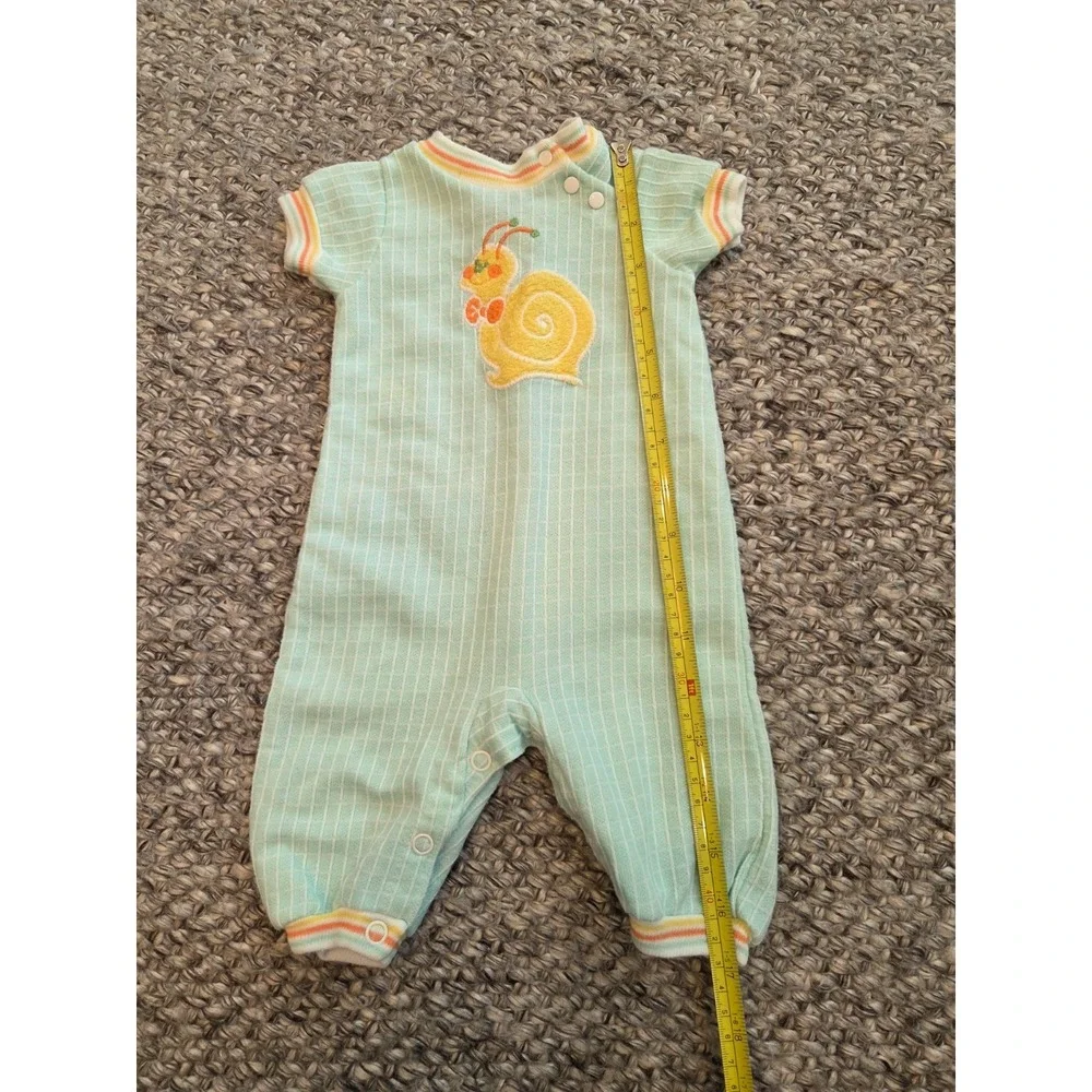 Vintage 80s Carter's Outfit Romper Sleeper Green Yellow Snail Applique Infant 3m